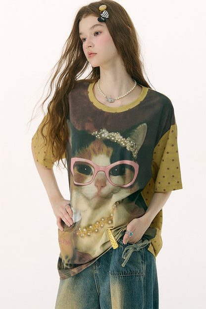 Cat Print Loose T-Shirt