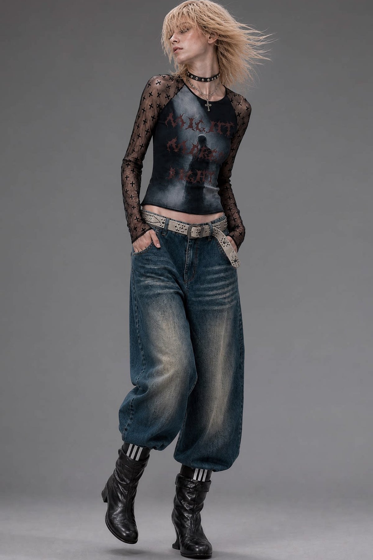 Letter Print Long-Sleeve Mesh Top