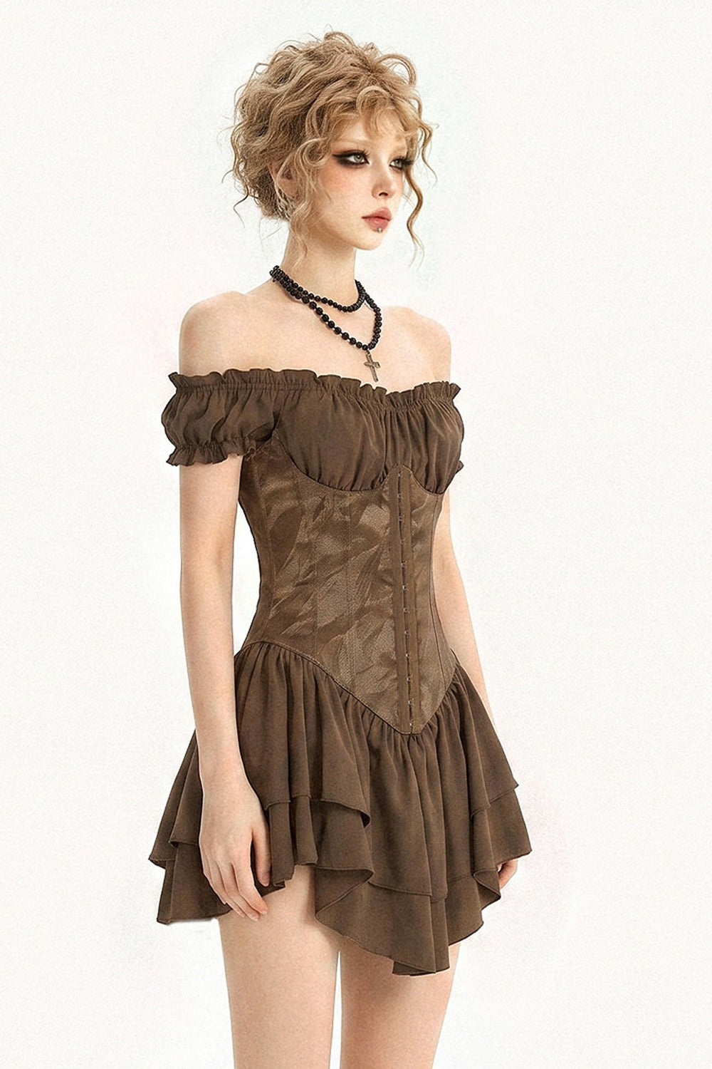 Gotisches schulterfreies Korsett-Minikleid mit Stufen