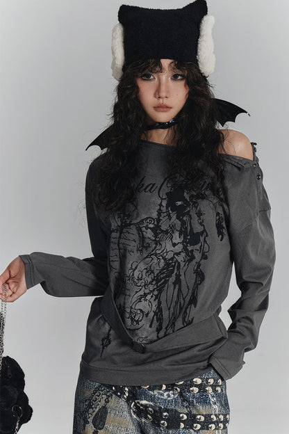 Style Printed Off-Shoulder Long-Sleeve T-shirt