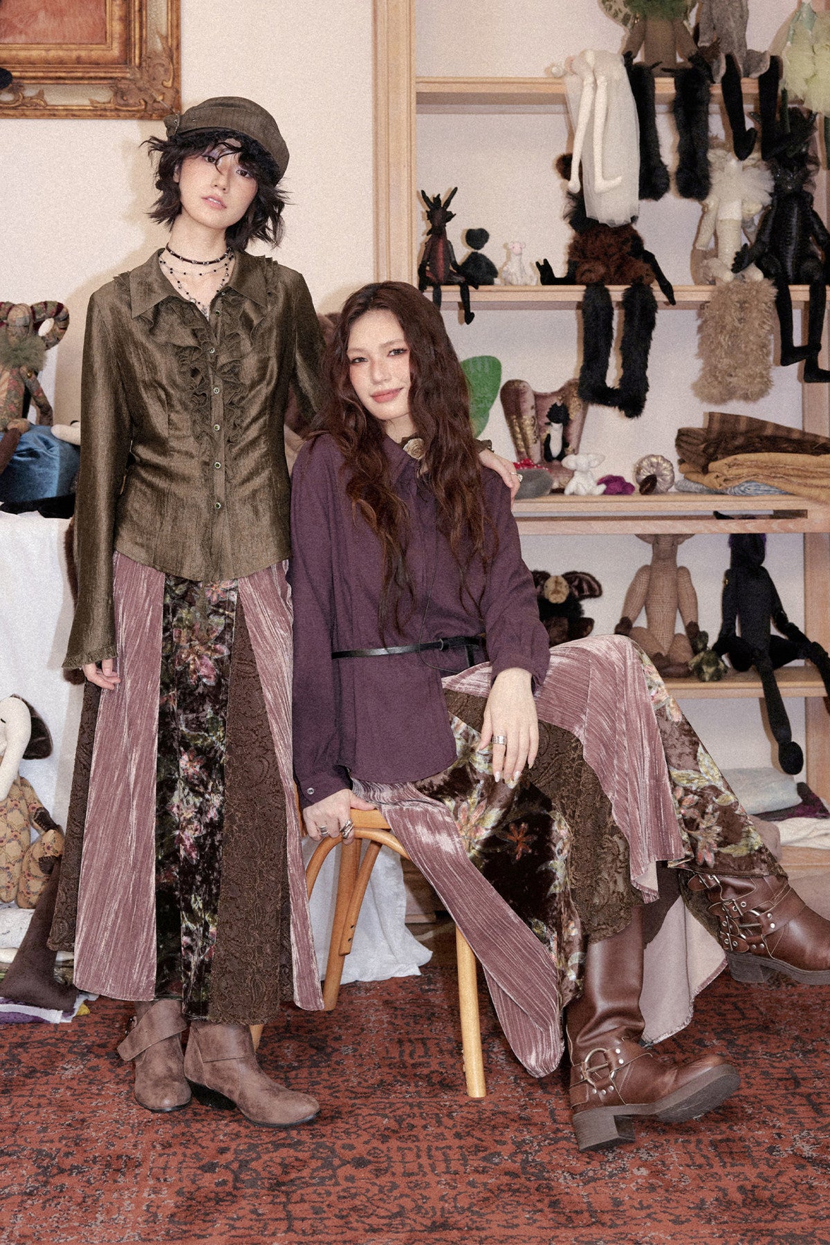 Ruffled Acetate Chiffon Shirt and Skirt Set-Up