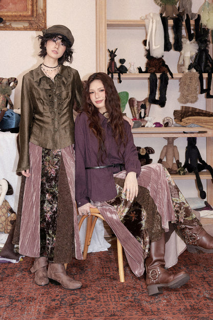 Ruffled Acetate Chiffon Shirt and Skirt Set-Up