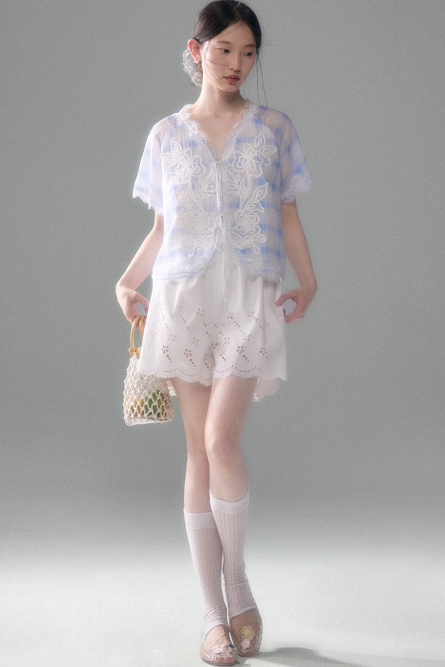 Blue White Checkered Lace Tencel Top Skirt Set-Up