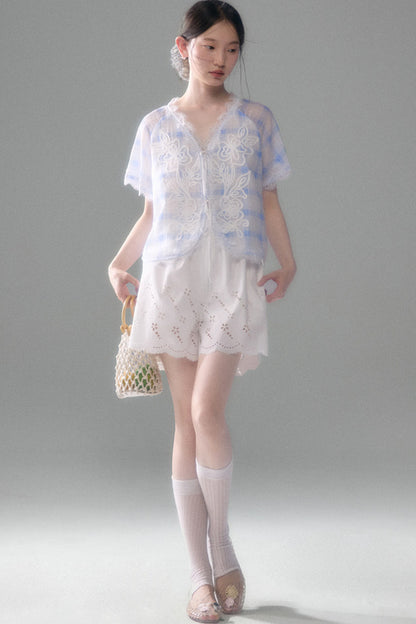 Blue White Checkered Lace Tencel Top Skirt Set-Up