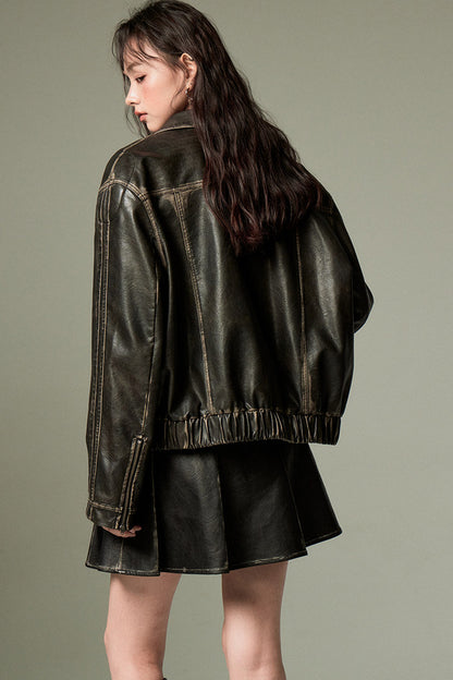 Distressed Bow Leather Jacket