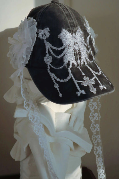 Lace Detachable Bow Washed Baseball Cap