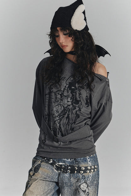 Style Printed Off-Shoulder Long-Sleeve T-shirt