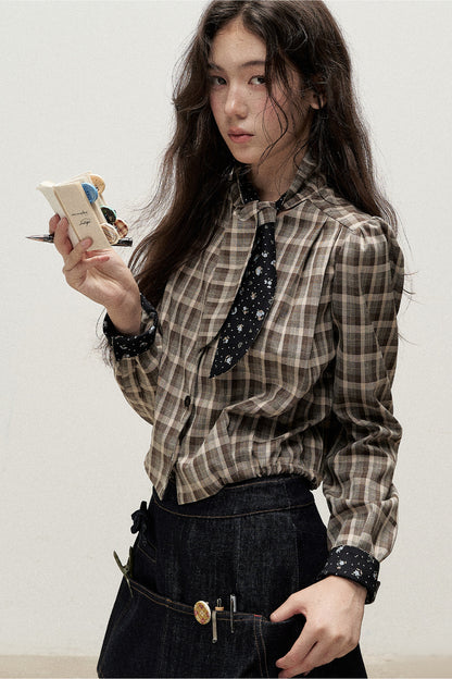 Plaid Contrast Ribbon Shirt and Skirt Set-Up