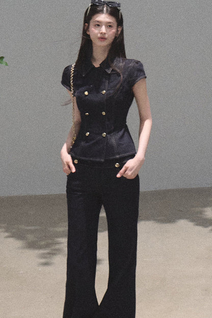 Retro Denim Waist-Cinching Dress Set-Up