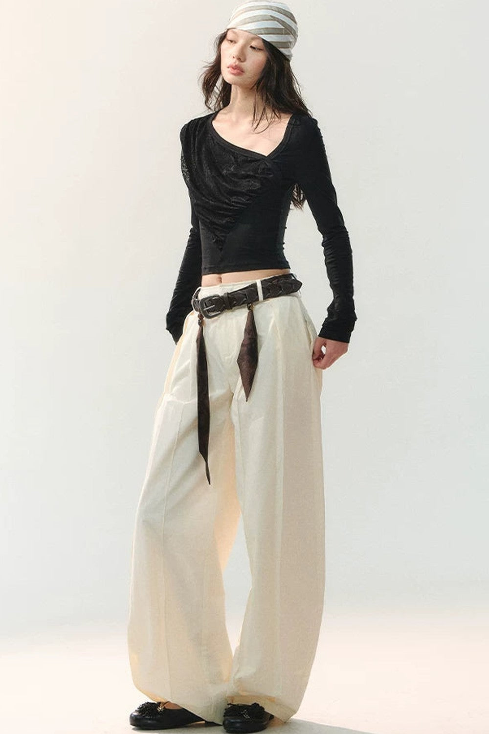 Ink Pleated Lace Asymmetrical T-Shirt