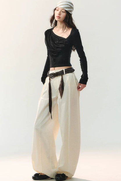 Ink Pleated Lace Asymmetrical T-Shirt