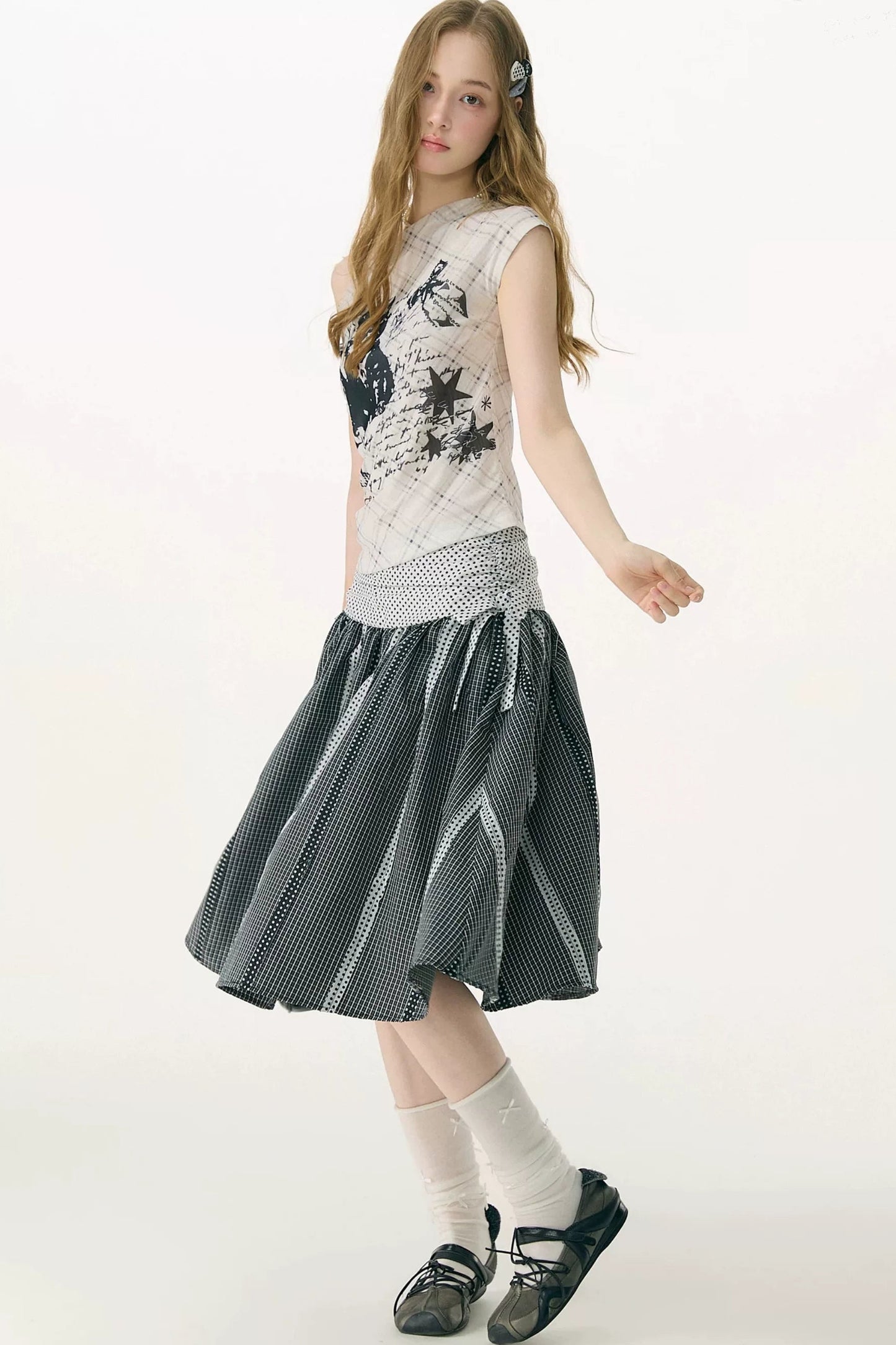 Cat Plaid Mesh Off-Shoulder T-Shirt