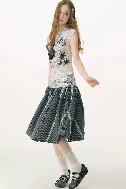 Cat Plaid Mesh Off-Shoulder T-Shirt