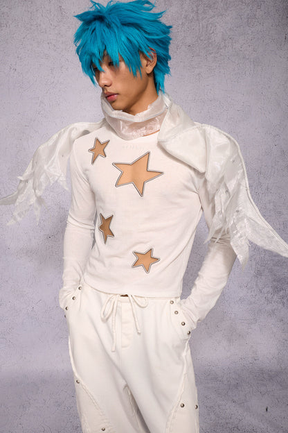 Star Hollow Mesh Embroidery Long-Sleeved Top