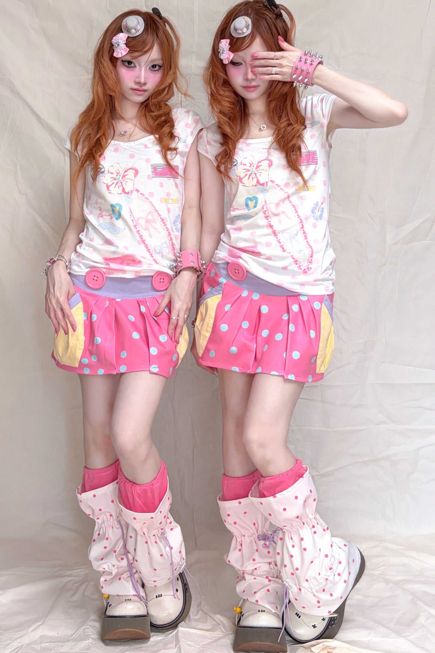 Peach Pink Polka Dot Drawstring Leg Warmers