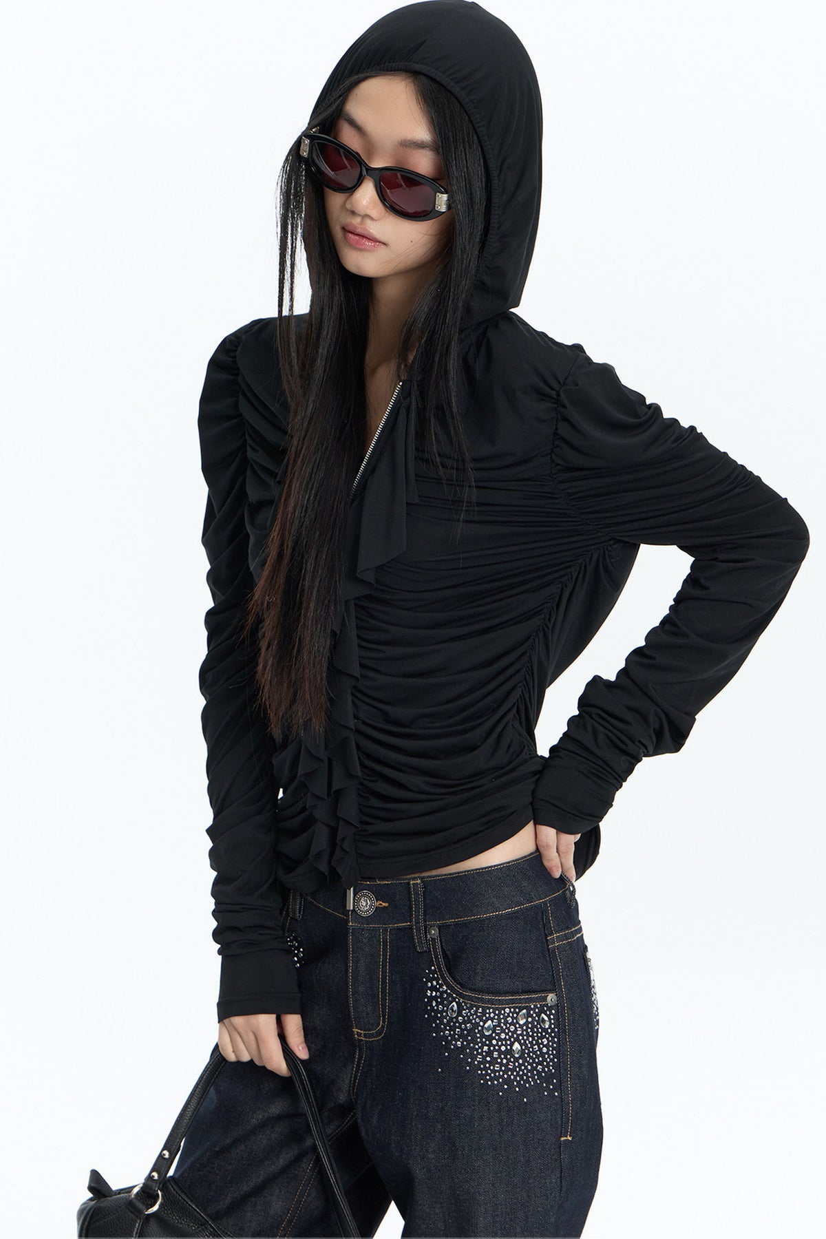 Short Ruffled Modal Hoodie