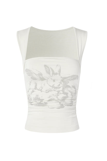Rabbit Print Ruched Square Neck Tank Top