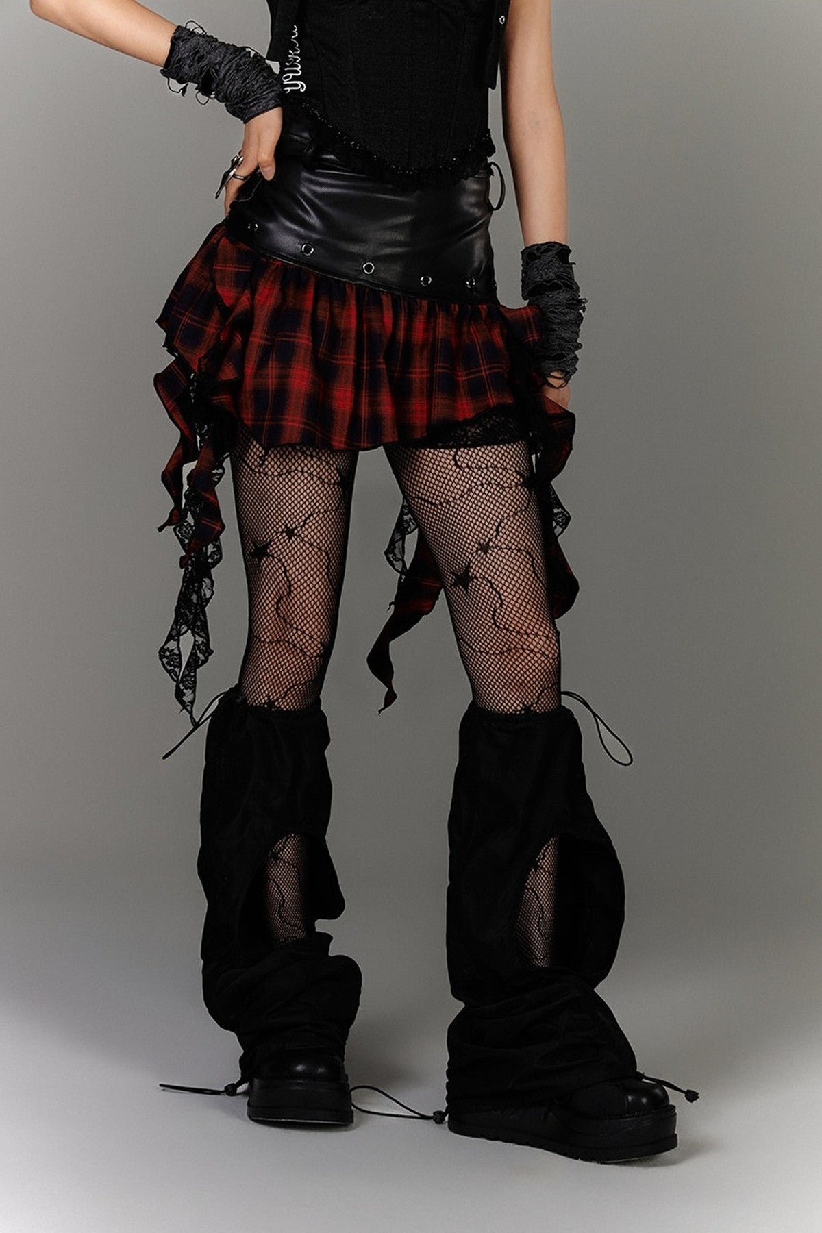 Irregular Hem Ruffle Patchwork Plaid Skirt