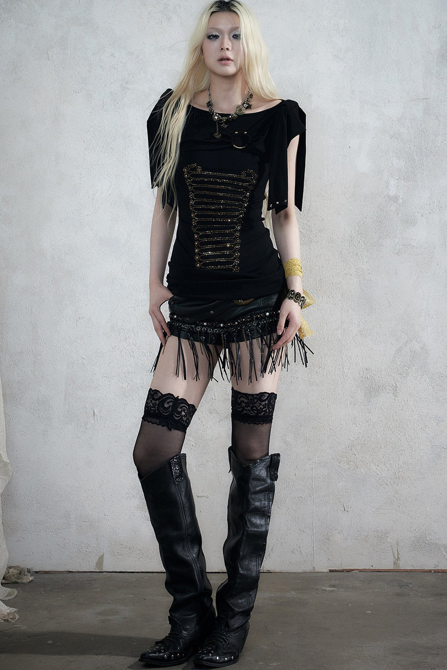 Rhinestone Corset Short-Sleeve Knit Dress