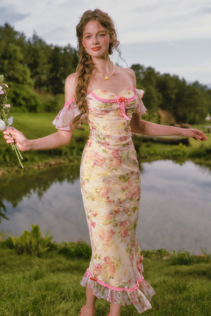 Floral Off-Shoulder Fishbone Corset Top and Skirt Set-Up