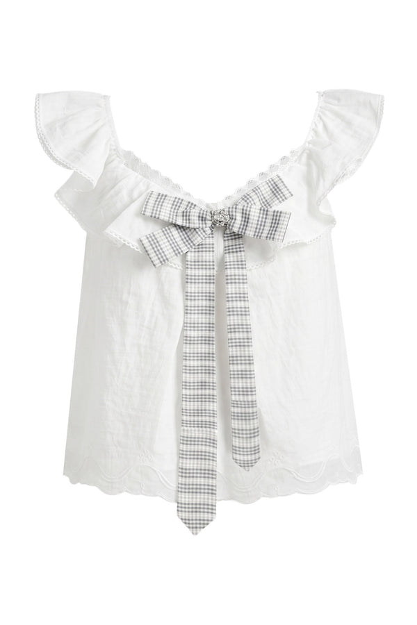 Ruffled Flutter Sleeve Plaid Bow Top