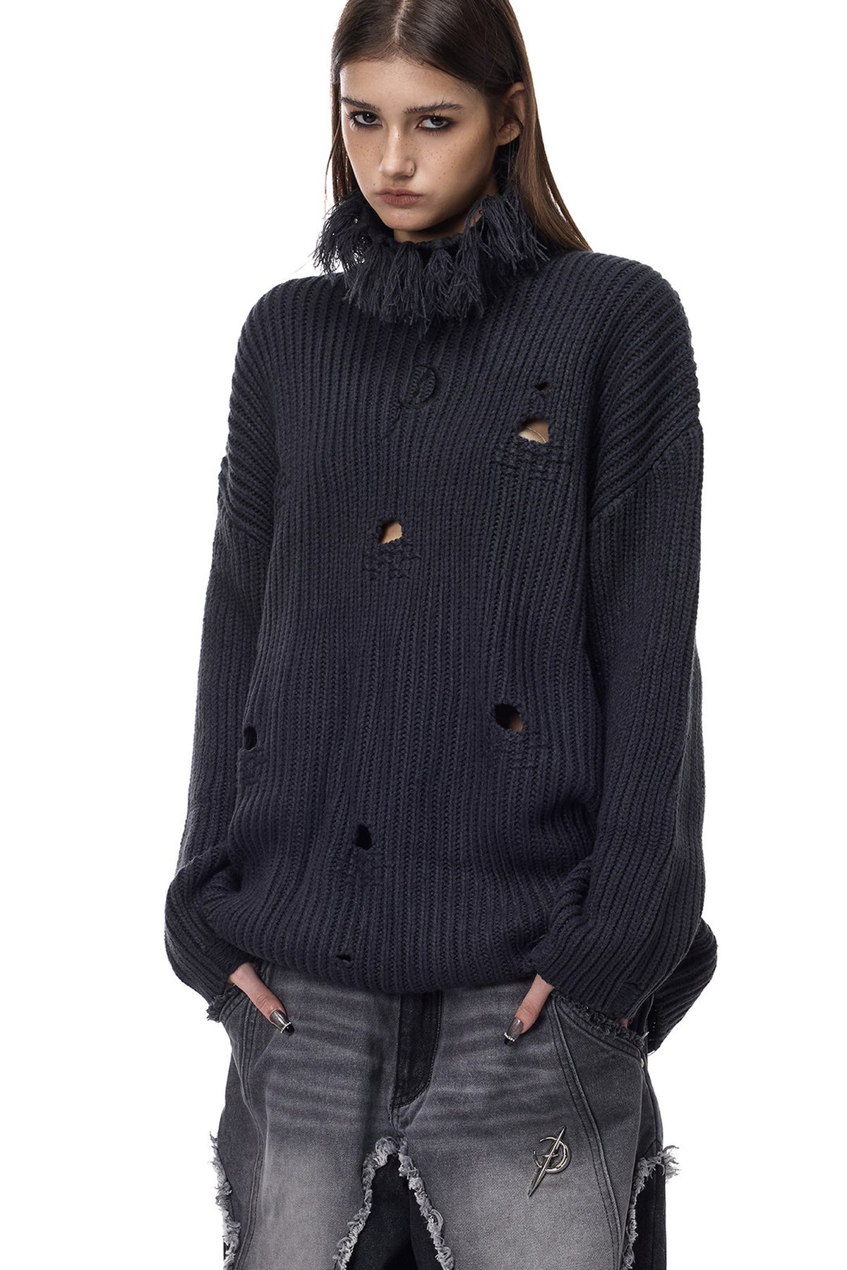 Tassel Turtleneck Ripped Oversized Sweater