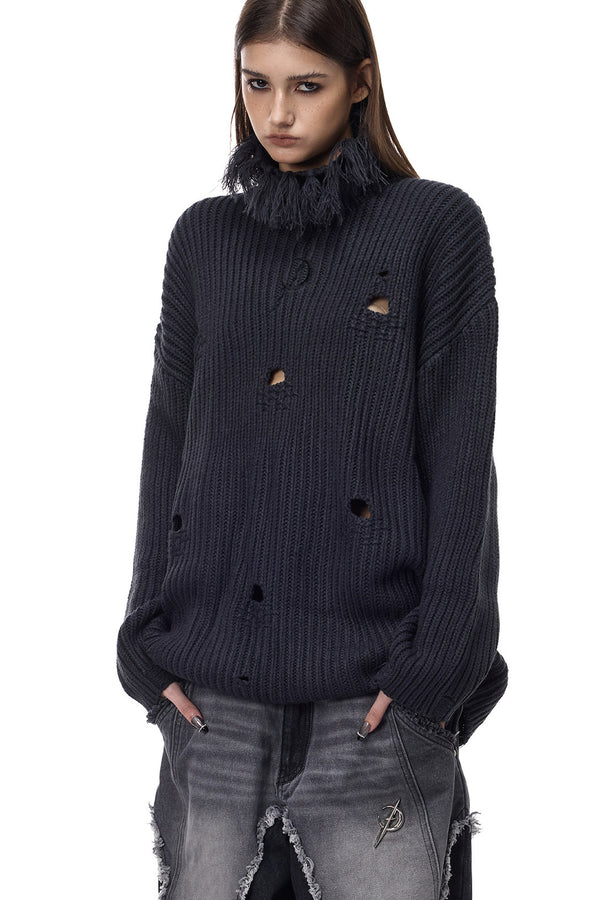 Tassel Turtleneck Ripped Oversized Sweater
