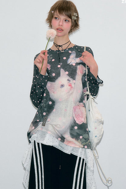 Blouse à imprimé chat et pois
