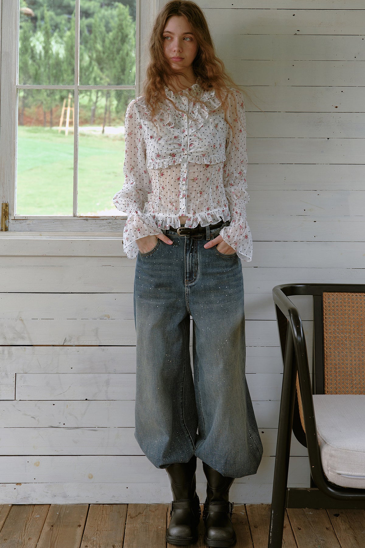 Gold-Stamped Starry Wide-Leg Jeans