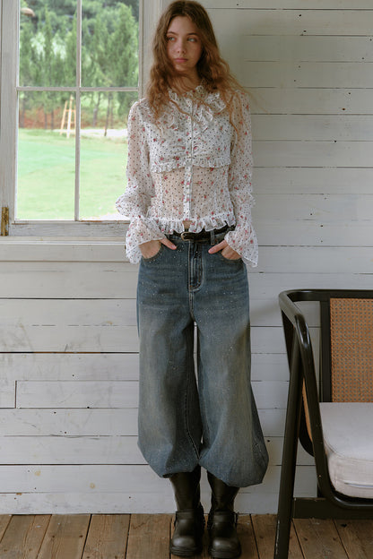 Gold-Stamped Starry Wide-Leg Jeans