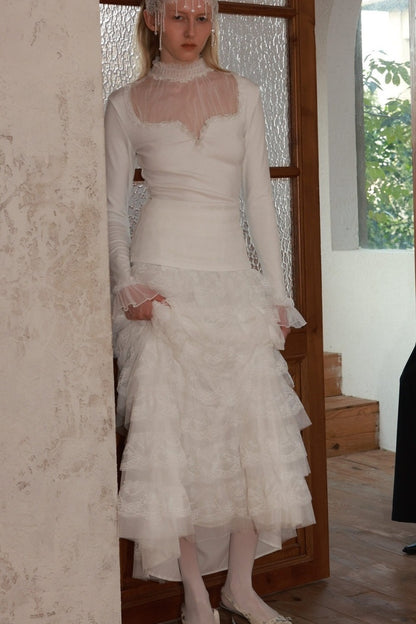 Elastic Waist Lace Cake Skirt