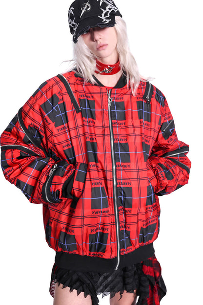 Flame Red Quilted Zipper Structure Patchwork Jacket