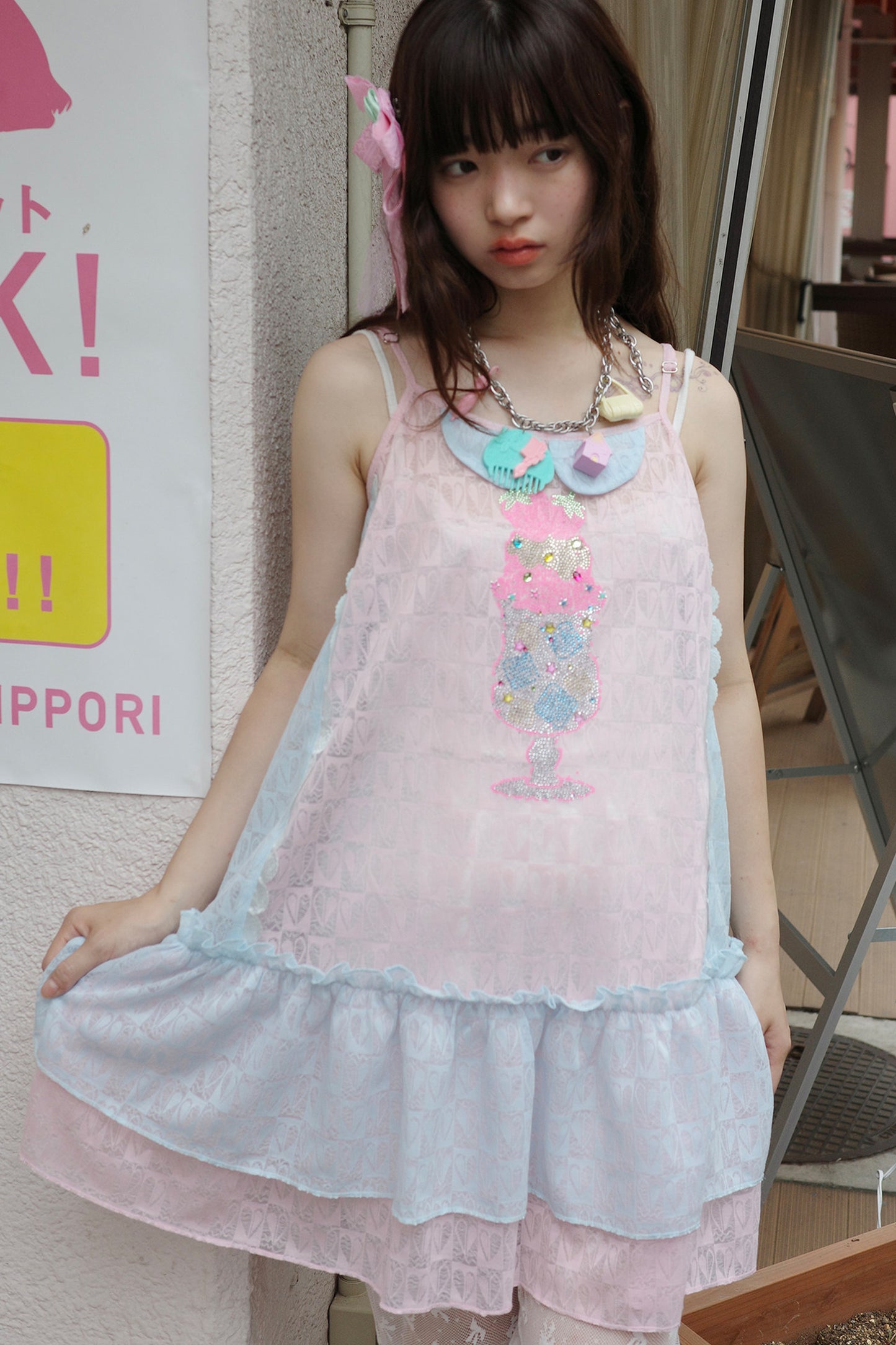 Pink Blue Patchwork Rhinestone Mesh Cami Dress