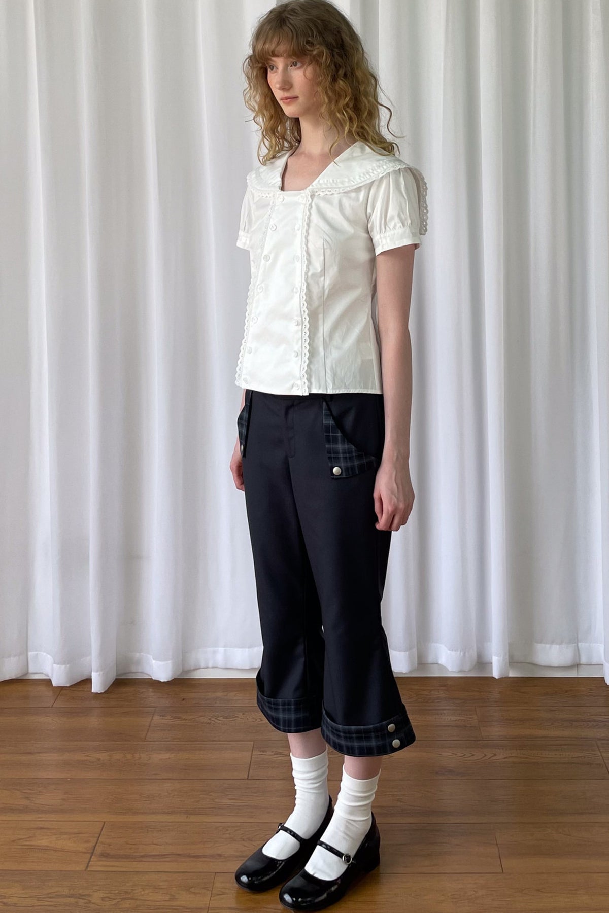 Low-Waisted Plaid Straight-Leg Buttoned Rolled Hem Pants