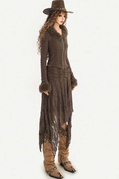American Retro Fur Collar Knitted Cardigan and Skirt Set-Up