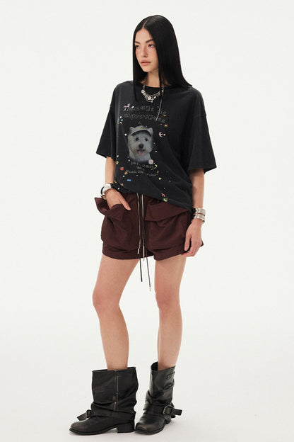 Rhinestone Cartoon Dog Drop Shoulder T-Shirt