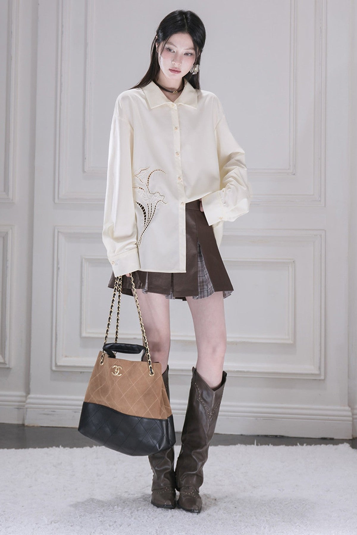 Hollow Out Floral Embroidered Modal Shirt