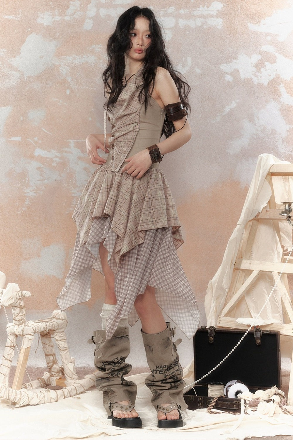Plaid Asymmetrical Halter Dress