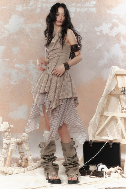 Plaid Asymmetrical Halter Dress