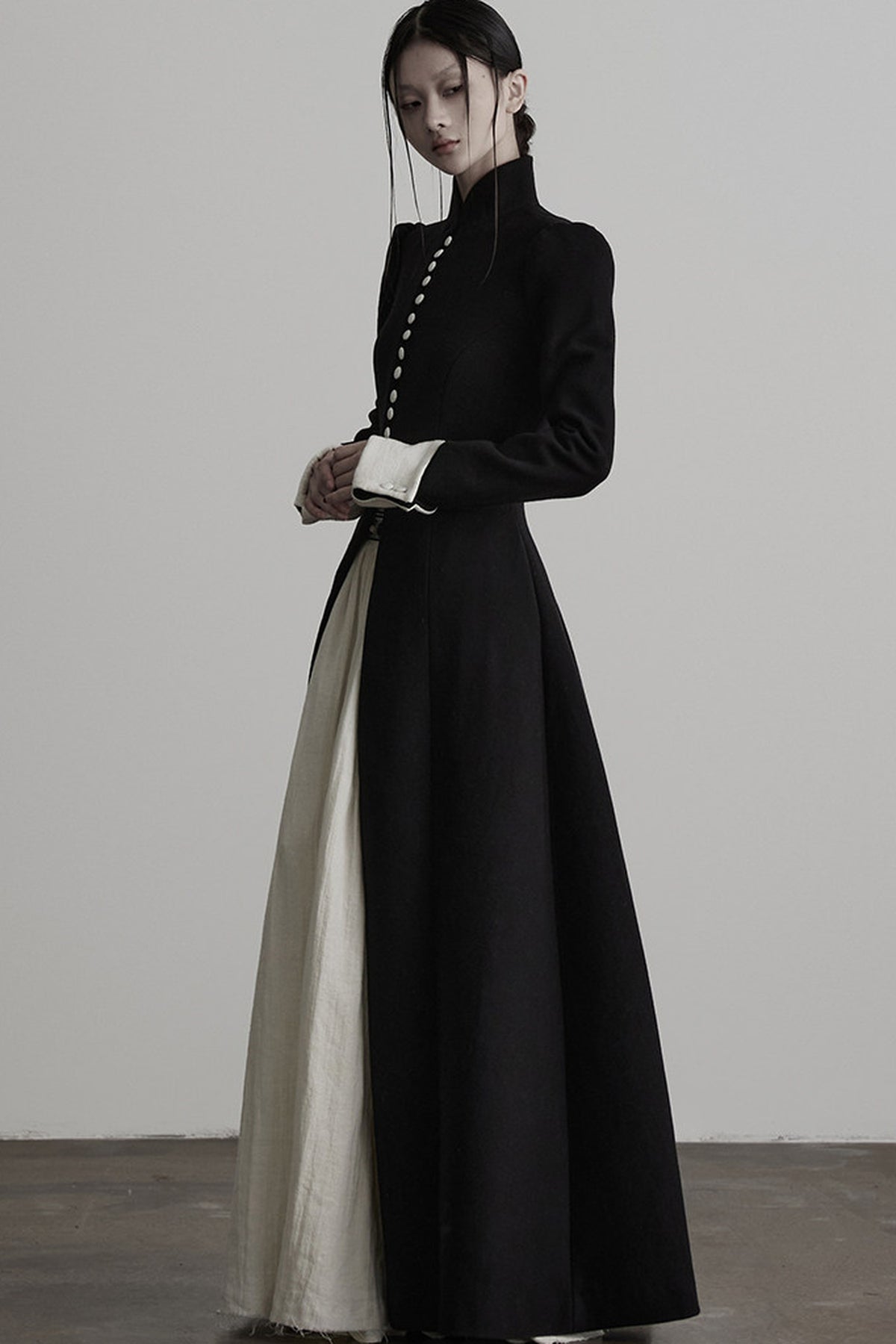 100% Wool Stand Collar Tie-Back Long Coat