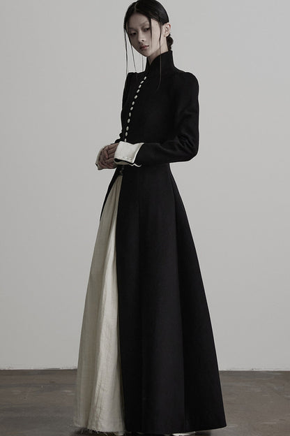 100% Wool Stand Collar Tie-Back Long Coat
