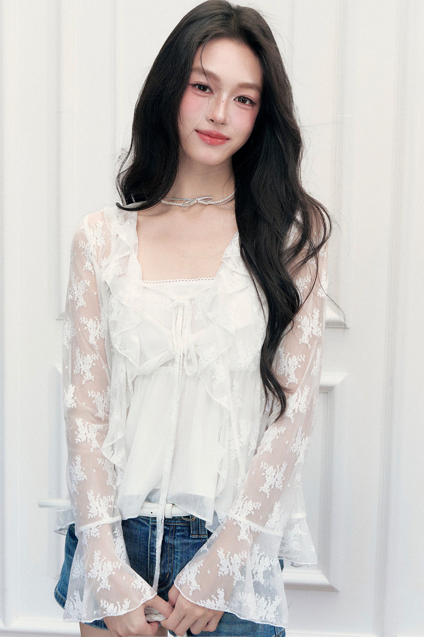 White Floral Lace Cardigan Camisole Set-Up