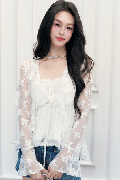 White Floral Lace Cardigan Camisole Set-Up