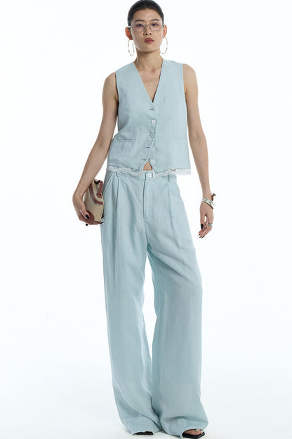 Mint Green Lyocell Cotton Linen Lace Vest and Pants Set-Up