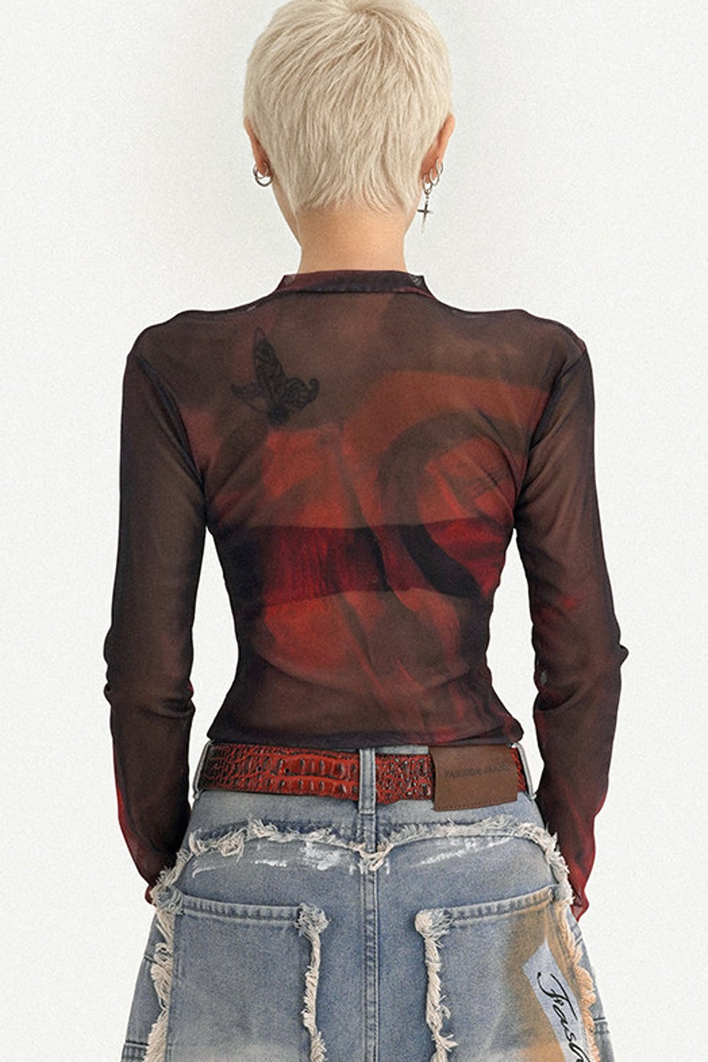 Red Graphic Mesh Long-Sleeved Top
