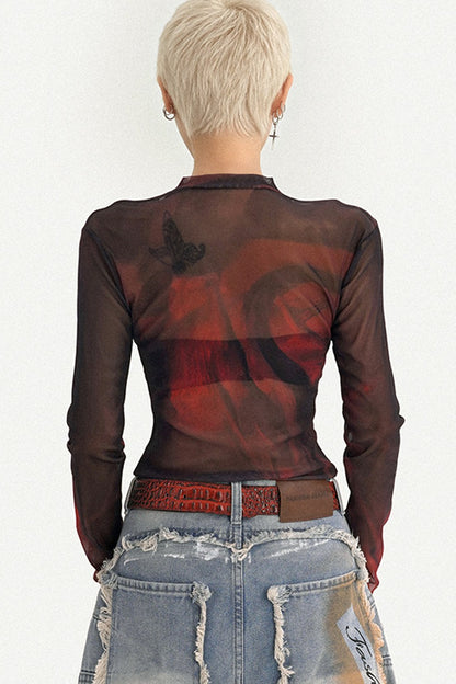 Red Graphic Mesh Long-Sleeved Top