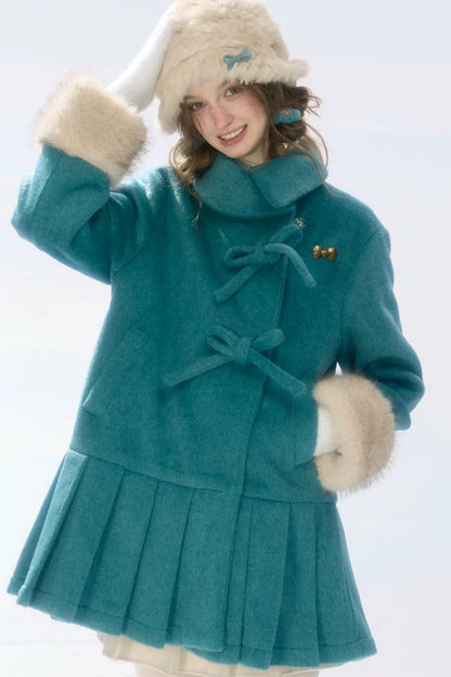 Peacock Green Lapel Pleated Woolen Jacket