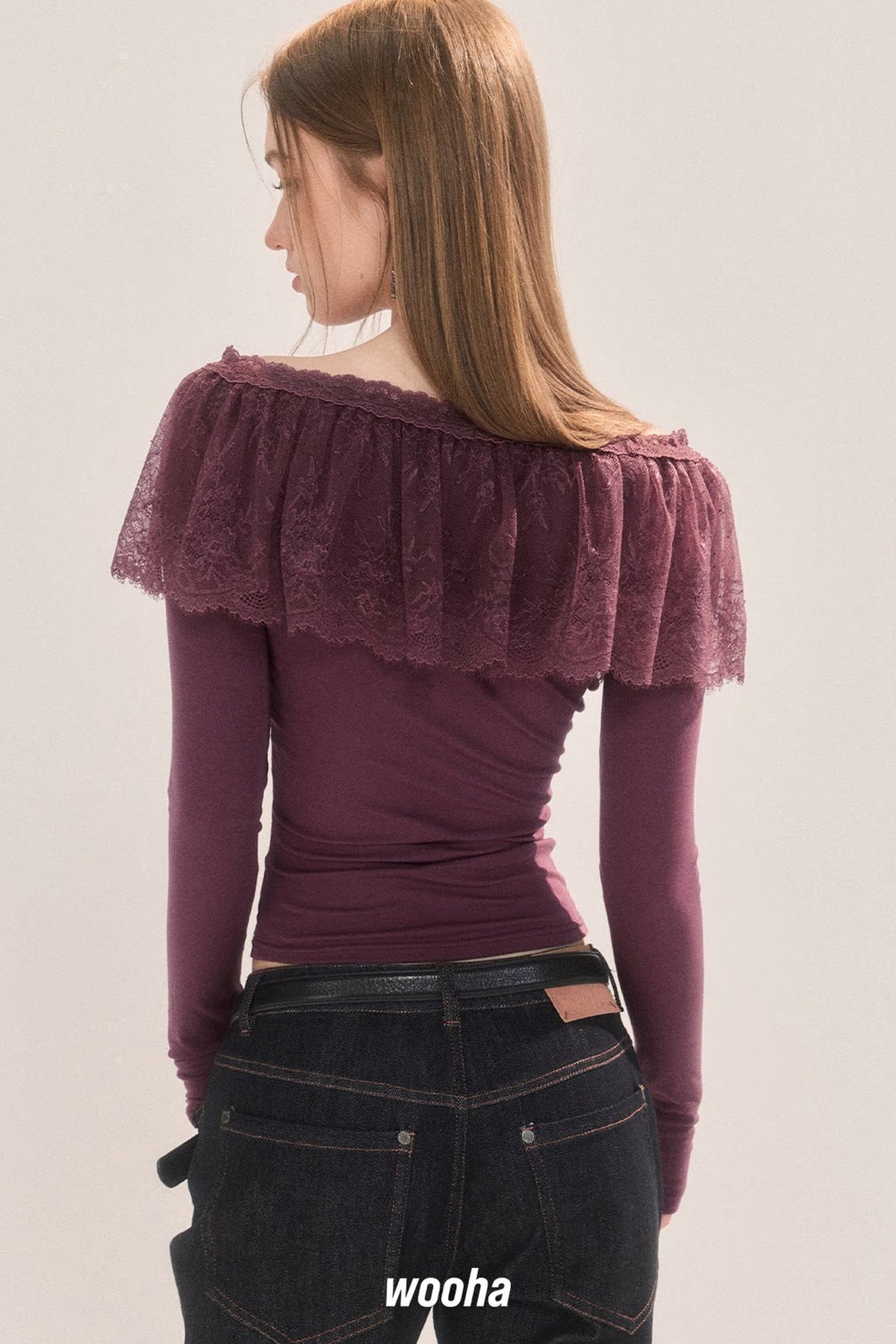 Two-Way Tencel Lace Patchwork Off-Shoulder T-Shirt