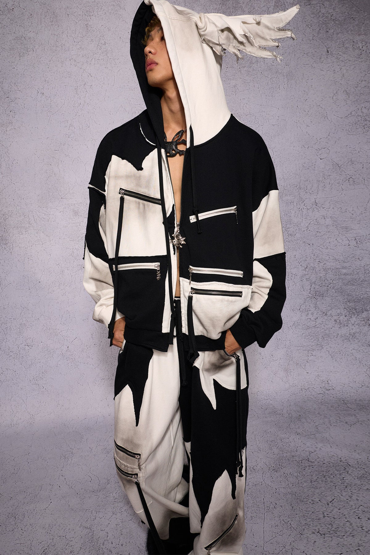 Distressed Black White Angel Zipper Hoodie