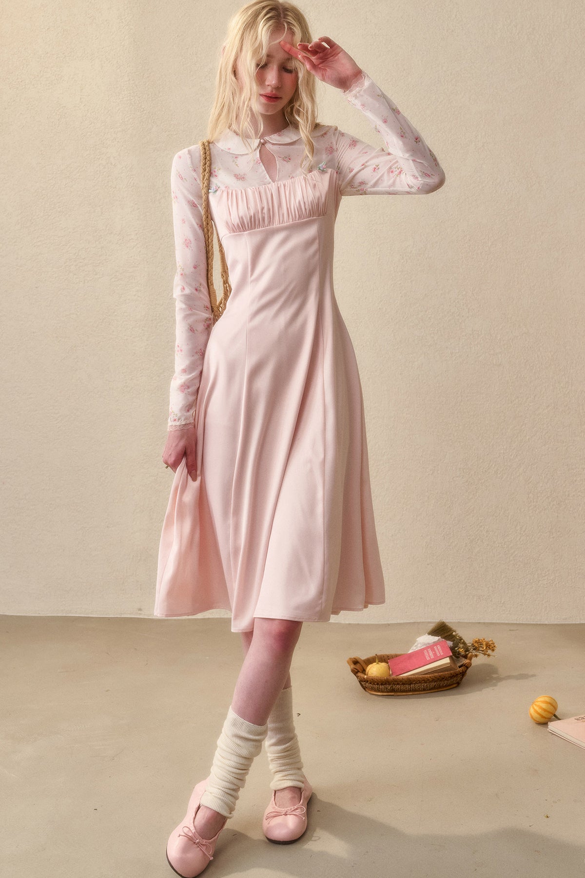 Peach Floral Satin Tencel Dress Set-Up